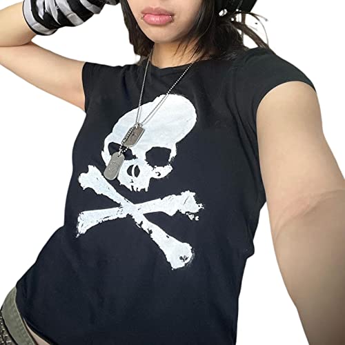 Women's Gothic Crop Tops Skull Print Short Sleeve Round Neck T-Shirt Basic Summer Graphic Tee Y2k E-Girl Grunge Shirts2