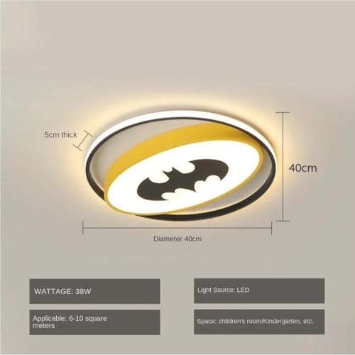ZHFZKKL Plafonnier LED Blanc pour Chambre d'enfant dimmable 3 Couleurs Chambre à Coucher Dessin animé Jaune plafonnier Moderne Batman Design Rond créatif Lustre décoratif pour Bureau Salon Chambre de – vue 6