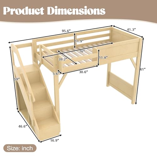 Image of KEIKI Solid Wood Twin Size Loft Bed Frame with Stairs, Built-in Wardrobe and Storage Space, Twin Loft Bed with Shelves, Full-Length Guardrails, No Box Spring Needed for Bedroom, Natural