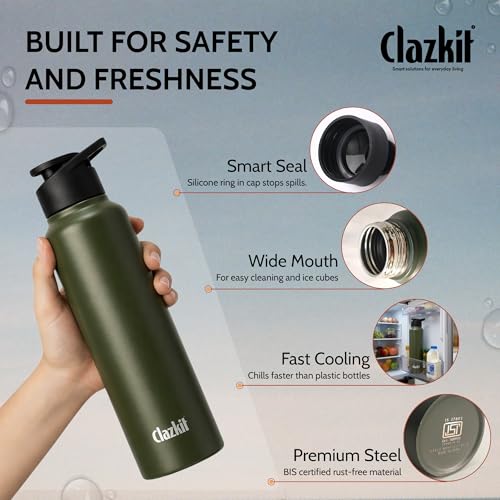 Image of Clazkit Alpha Sporty Stainless Steel Water Bottle Single Wall 1000ml Set of 4 | Lightweight, Leak-Proof, Reusable | Ideal for School Kid,Office, Gym & Travel | Green