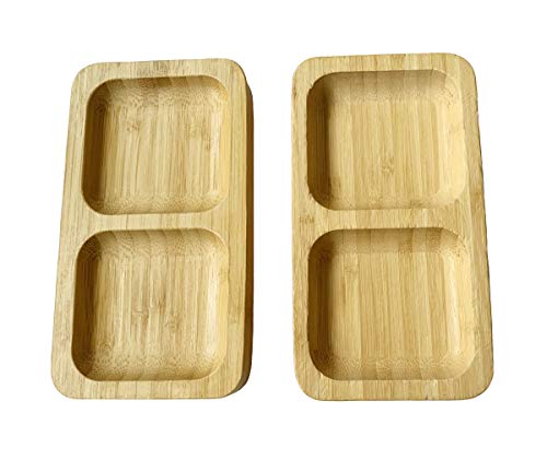 Ecowonder Natural Bamboo Wooden Small Serving Platters Dual Square Snack Tray Set (Set of 2) - Sauce Dishes Set - Party Food Platter Plates for Nibbles Tapas Cheese Sushi Dips Sauce Bowl Side Plates