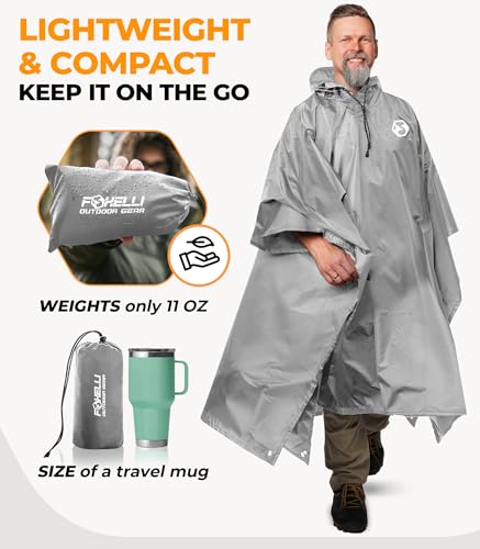 Image of Foxelli Rain Poncho for Adults - Extra Long Reusable Waterproof Raincoat with Hood, Lightweight for Hiking, Camping, Outdoors