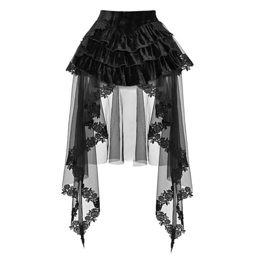 Damen Viktorianische Gothic Spitze High-Low Röcke Lolita Layered Hohe Taille A-Linie Tüll Bustle Rock für Halloween Party, Schwarz, S