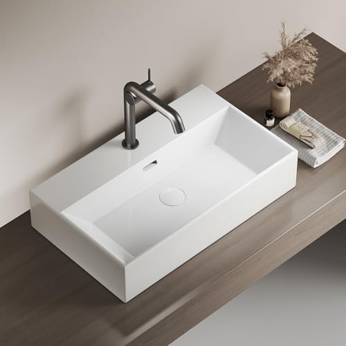 EMKE Lavamanos de Diseño Moderno, Lavabo de Cerámica con Borde Fino, Baño y Aseo de Invitados 600x360x130mm, Blanco, Cuadrado, Lavabo de Encimera