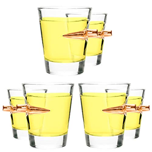 Lucky Shot 308 CALIBER SHOT GLASS | Bullet Embedded Copper 1.5oz Borosilicate Glass Jigger (6 PACK) from