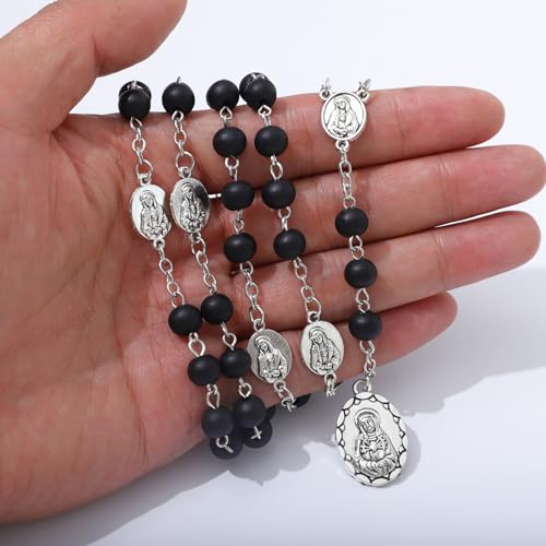image for KOMI Black Wood Rosary Beads Catholic Seven Sorrows Rosary Beads Neckl