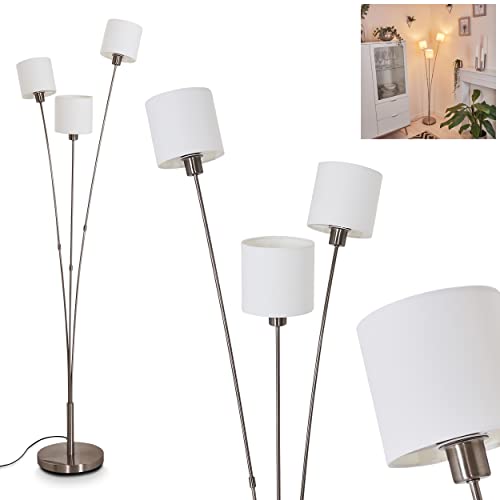 Stehleuchte Alsen, runde Bodenlampe aus Metall in Nickel-matt und weißen Stoffschirmen, 3-flammige Standlampe, 3 x E14, mit Fußschalter am Kabel, ohne Leuchtmittel