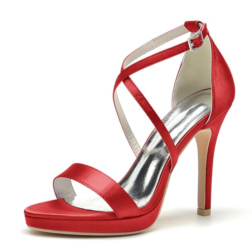 ENWIND Sandalias De Tacón Alto para Mujer Punta Abierta Elegante Tacon Fino Zapatos De Fiesta De Boda con Plataforma Y Correa Cruzada,Rojo,39 EU