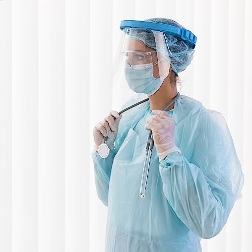 Vestido de isolamento descartável azul AMZ, grande. Pacote com 25 vestidos de proteção descartáveis.