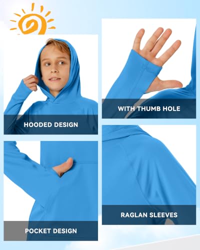 Image of Boys Rash Guard Long Sleeve Hoodie Swim Shirt with Pocket Youth Kids UPF 50+ Sun Protection Fishing Shirts Thumb Hole