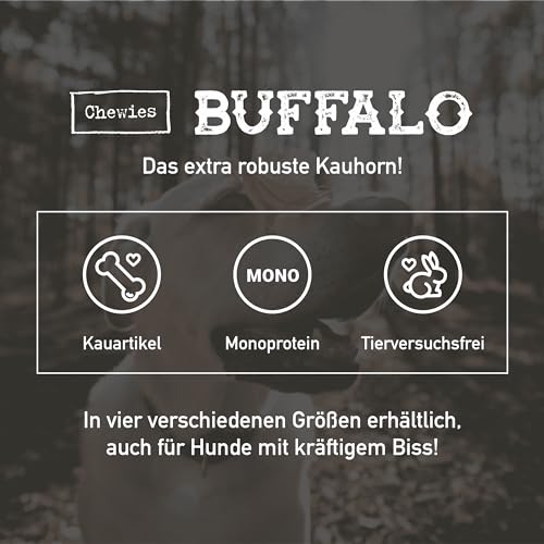Chewies Büffelhorn für Hunde - gefülltes Kauhorn vom Wasserbüffel - natürliches Kauspielzeug - Zahnpflege und Spielspaß in 1 - Größe S: Für Hunde bis 10 kg Körpergewicht