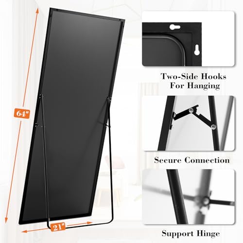 DUMOS Full Length Mirror with Stand 64"x21" Floor Standing Aluminum Frame for Bedroom Body Hanging Leaning Modern Simple Home Decor Shatter-proorf Nano Glass for Wall Living Room Cloakroom Black