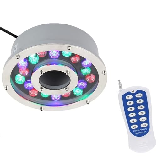 THEGA Luce LED per Fontana Sommergibile - Illuminazione per Laghetto con Foro Centrale Ad Anello Impermeabile IP68, Lampada da Giardino RGB 12/24 V, con Telecomando(12W(24V))