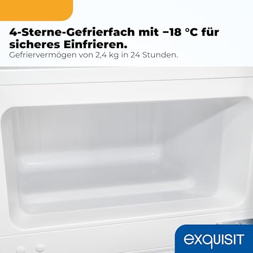Exquisit Kühlschrank mit Gefrierfach Klein, 85 l, Energieklasse E – Kleiner Kühlschrank mit 4-Sterne-Gefrierfach, LED, 40 dB(A), Wechselbarer Türanschlag