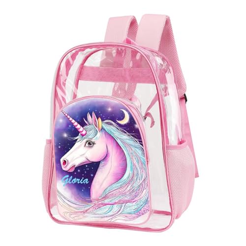 Personalized Unicorn Moon Stars Pink School Clear Backpack for Girls Kids Cute Bookbags Travel PVC Transparent Bags2