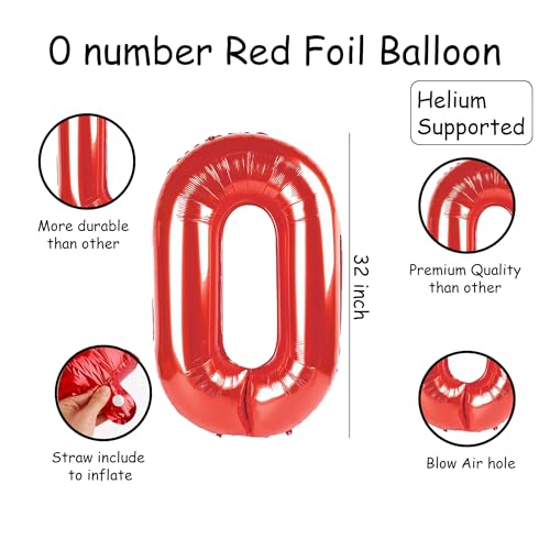 Image of Red 0 Number Foil Balloon with Crown & Base Balloons | 32 Inch Helium Supported for Birthday, Anniversary, Baby Shower Decoration - Pack of 14
