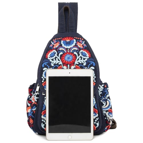 Image of SILKAREA Vintage Embroidered Floral Ethnic Backpack for Women Handbag Shoulder Bag Mini Travel Purse (Embroidered Blue)