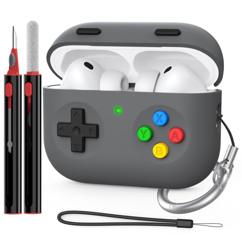 Delidigi für AirPods Pro 3 Hülle Case Klassische Handheld Game Console Design Silikon Schutzhülle with Reinigungsstift & Handschlaufe Kompatibel mit Apple AirPods Pro 3. Generation (Dunkelgrau)