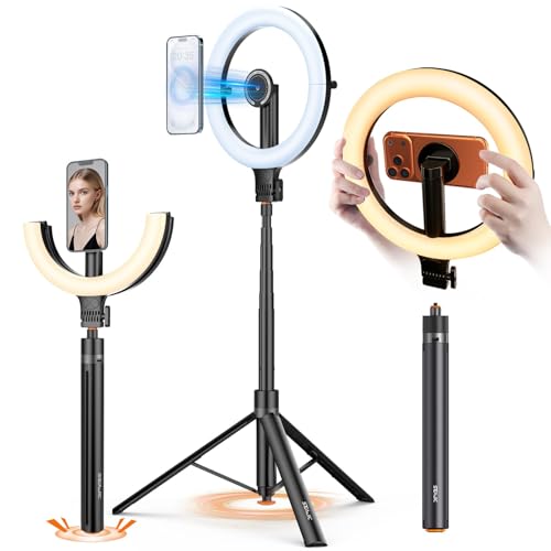 10.2 Magnetic Ring Light with 64 Tripod for iPhone Mag Safe 5000mAh Rechargeable Ring Light with Stand 3000k-6500K Phone Tripod with Light for Video Photography Live Stream TikTok YouTube