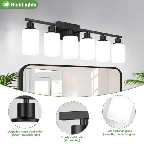 Image of Indoi 6-Light Bathroom Light Fixtures, Matte Black Modern Vanity Lights with Milky White Shades, Bathroom Wall Lamp for Mirror Living Room Cabinet Bedroom Porch