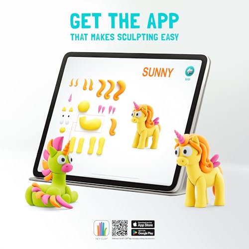 Image of HEY CLAY Modelling Air-Dry Clay with Fun Interactive App - Modeling Clay and Crafts Set for Kids Ages 3 to 8 - Series Rainbow Unicorns, 3 cans (Sunny)