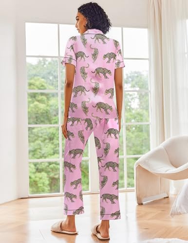Image of Ekouaer Silk Satin Pajamas Set Floral Print Button Down Pjs Soft Loungewear Pink Leopard Print XX-Large