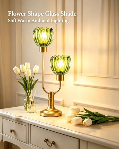 Image of Lightdot Green Glass Flower Table Lamp for Living Room Dimmable Gift | Bulbs Included Mid Century Modern Vintage Gold Desk Lamp Warmwhite Ambient Nightstand Bedside Lamp for Bedroom Home Decor