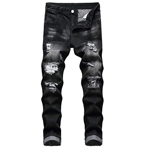 QIMYUM Mens Ripped Jeans, Distressed Destroyed Slim Fit Straight Leg Denim Pants