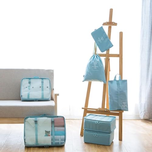 Image of 7pcs pouche Set Travel Organizer Packing Cubes Lightweight Travel Luggage Organizers with Laundry Bag or Toiletry Bag Laundry Organiser (7 PCS) (SKY BLUE)