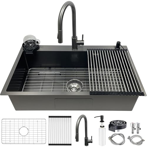 SCYOMSTORE Fregadero Cocina 80 x 50 cm,incluye grifo de cocina,Fregadero Negro Antracita,Fregadero Cocina 1 seno en Acero Inoxidable con Rejilla para fregadero de cocina,Escurreplatos,Lavavasos,Sifón