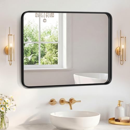 Image of Sweetcrispy Bathroom Mirror 36x32 Inch Metal Framed Rounded Rectangle Vanity Mirror for Wall, Over Sink, Farmhouse, Restroom, Anti-Rust, Modern Decorative, Horizontal or Vertical Hanging, Black