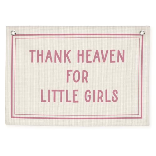 Image of CEBTHN Girls Nursery Decor – Thank Heaven for Little Girls Linen Banner, Pink Baby Shower Decoration Gift, Vintage Canvas Wall Hanging, Baby Girl Room Decoration, 20x30 Inch
