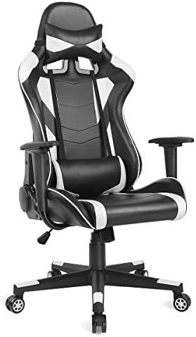 AuAg Ergonomic Gaming Chair Racing Style Adjustable High-Back PU Leather Office Chair Computer Desk Chair Executive Ergonomic Style Swivel Video Chair Headrest Lumbar Support (White)