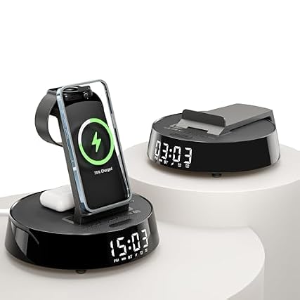 Alarm Clock with Wireless Charging Station, Clock for Bedroom with Night Light Bluetooth Speaker