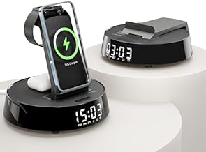 Alarm Clock with Wireless Charging Station, Clock for Bedroom with Dimmable Night Light Bluetooth Speaker, Wireless Charger Dock Station for iPhone 17 16 15 14 13 12 Pro Max, Apple Watch, AirPods Pro