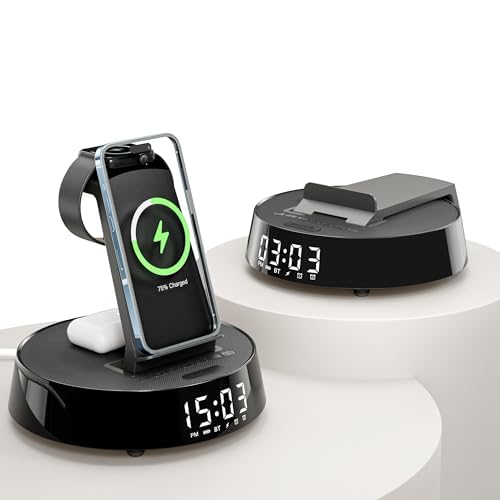 Alarm Clock with Wireless Charging Station, Clock for Bedroom with Dimmable Night Light Bluetooth Speaker, Wireless Charger Dock Station for iPhone 17 16 15 14 13 12 Pro Max, Apple Watch, AirPods Pro
