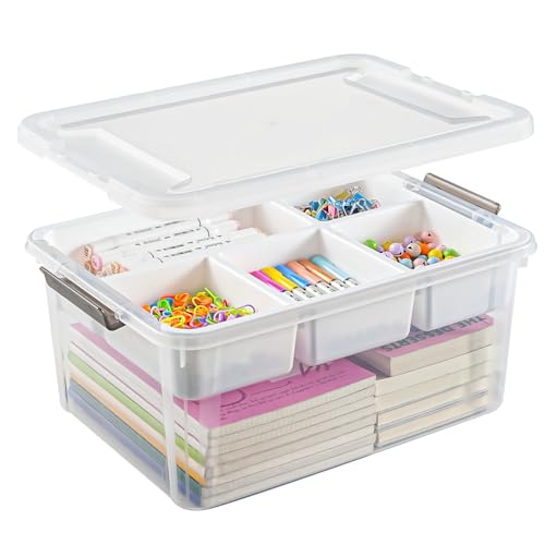 Image of Stebopum 17 QT Plastic Storage Box with Removable Tray Art Supply Craft Organizers and Storage Stackable Storage Container for Organizing Bead, Tool, Sewing, Book, Crayon, Playdoh(Clear)