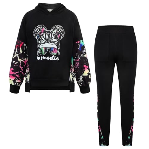 Seanrui Girls Clothes Cotton Sweatsuits Hoodies Fall Outfits Back to School Sweatshirt with Leggings Black1 12-14 Years