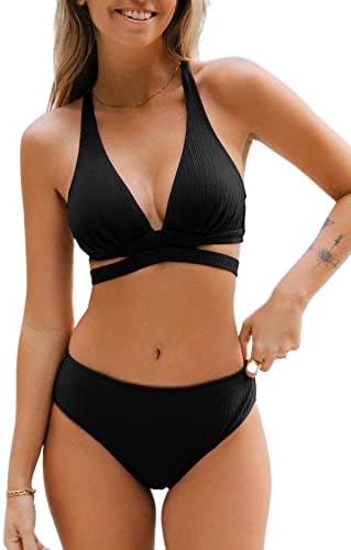CUPSHE Damen Bikini Set V Ausschnitt Schlitz Lace Up Mid Waist Texturierte Bademode Zweiteiliger Badeanzug Swimsuit