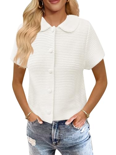 Saodimallsu Womens Short Sleeve Cropped Cardigans Casual Summer Button Down Collared Lightweight Loose Knit Sweater Top