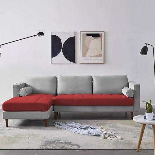 Image of Lezra LHS 4 Seater L Shape Sofa Set for Living Room (Maroon Grey Fabric) Premium Fabric Sofa