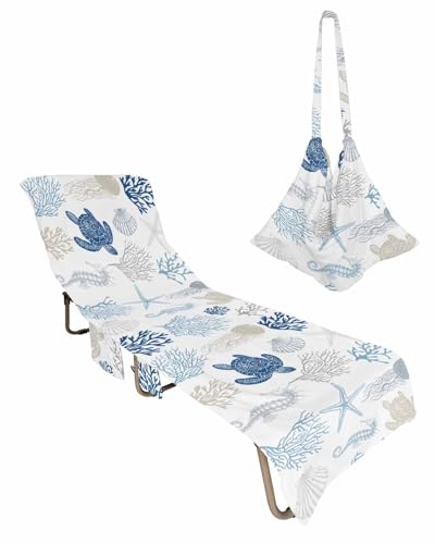 Beach Pool Patio Lounge Chaise Chair Cover Towel with Pockets,Coastal Navy Blue Starfish Absorbent & Quick Dry Microfiber Towel Cover Bag Summer Travel Accessories Sea Turtle Shell Coral Ombre Grey