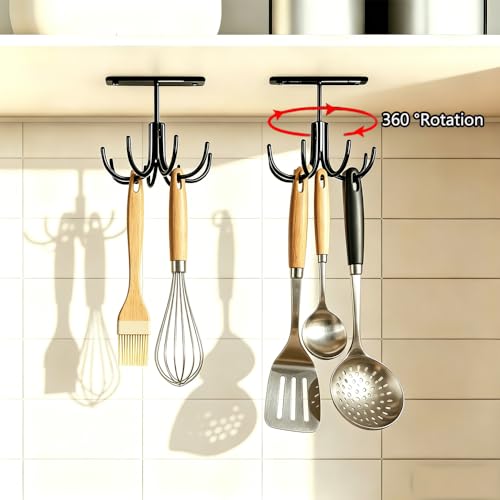 Image of Metal Under Cabinet Kitchen Utensil Hooks,360 Rotating Kitchen Utensil Rack with 8 Hooks,Drilling Free Adhesive Utensils Hanging Rack for Tools /Towel /Knife (Black)