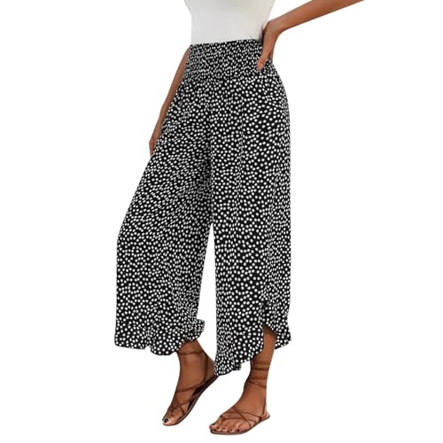 Palazzo Pants for Women Summer Casual Polka Dot Wide Leg Trousers Smocked Waist Ruffle Hem Boho Flowy Beach Pant2