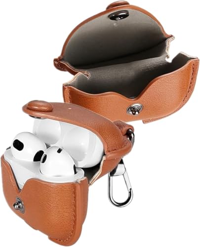 Image of Meyaar Leather Cover Case Compatible with AirPods 4 and AirPods 4 with Active Noise Cancellation (ANC) (2024) Front LED Visible. (Tan)
