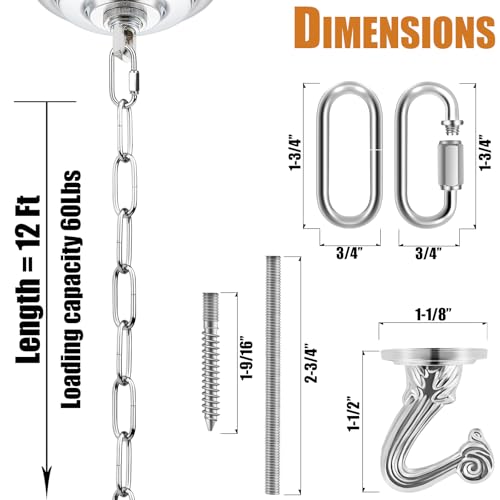 Image of 12 Ft Heavy Duty Hanging Chain Kit (Chrome) | with Connection Locks & Swag Ceiling Hooks for Lighting Fixture, Pendant, Lantern, Swag Lamp, Plant Basket, Bird Feeder