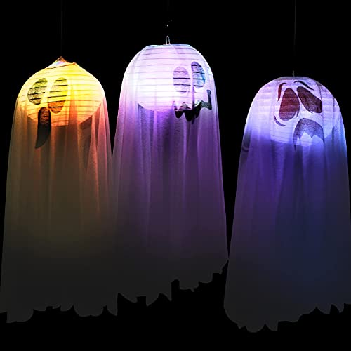 JOYIN 3 Pack 18'' Halloween Hanging Lights Ghost Lights, LED Halloween Hanging Lantern Lights in 3 Colors, Halloween Lights Hanging Ghost Decorations Outdoor Indoor Window Tree Decor