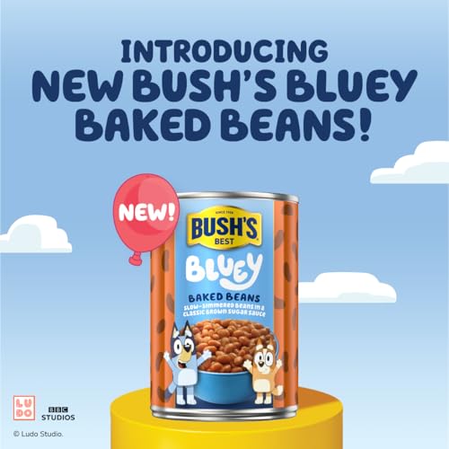 Image of BUSH'S BEST 15.8 oz Canned Bluey Original Baked Beans, Source of Plant Based Protein and Fiber, Low Fat, Gluten Free, (Bluey), (Pack of 12)