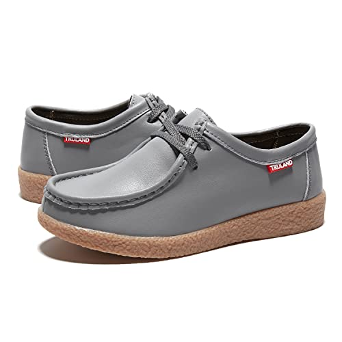 Image of TRULAND Leather Oxford Shoes for Women - Suede Lace Up Moc Toe Low Platform Flat Wallabees Shoes