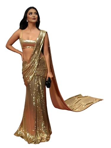 Image of Women's And Girl's Heavy Sequins Work Georgette Saree with Blouse (Wedding-Sequins-Party-Saree)